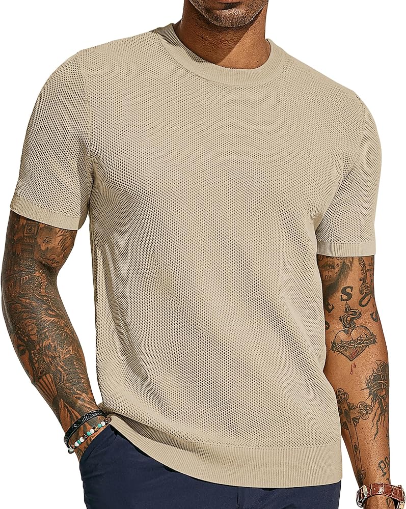 PJ PAUL JONES Men's T-Shirts Casual Knit Short Sleeve Crewneck Honeycomb Waffle Solid Knitted Pullover Tees