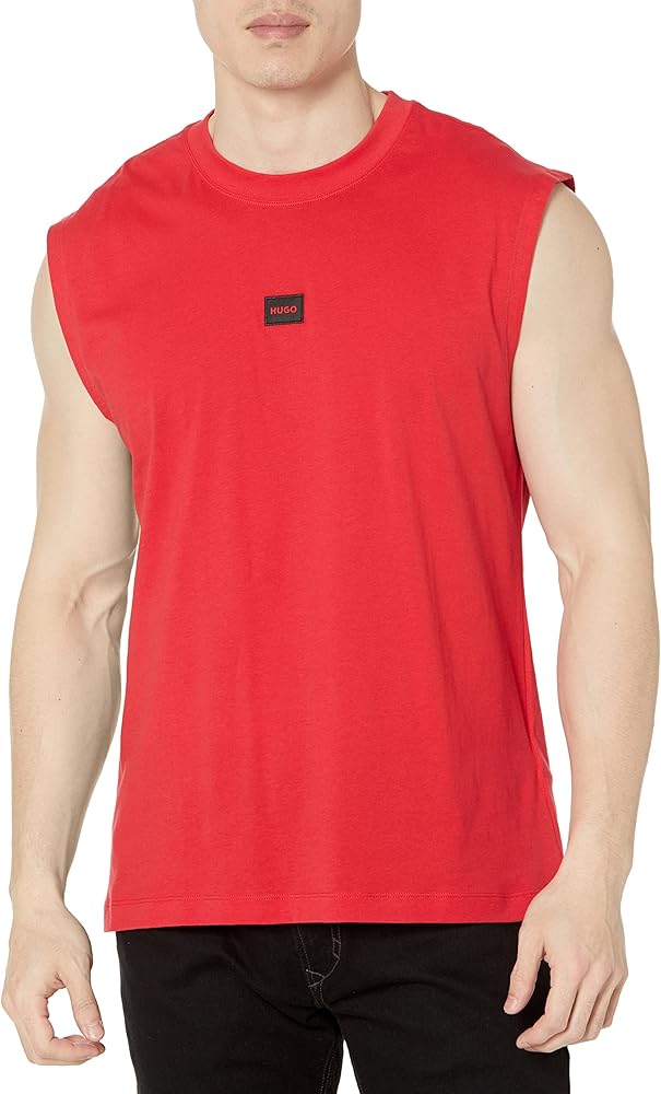 HUGO Men's Center Logo Sleeveless Crew Neck Cotton Shirt