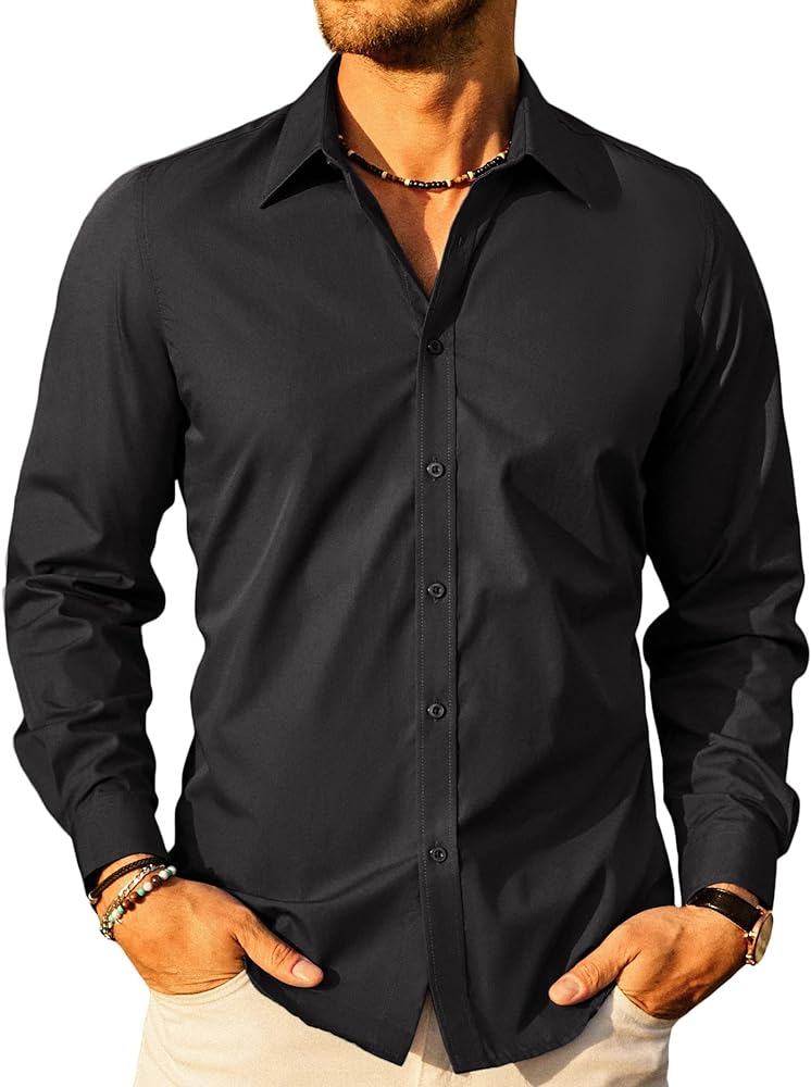 PJ PAUL JONES Men's Business Casual Long Sleeves Dress Shirts A Black