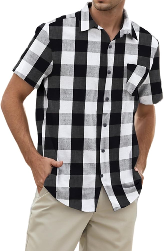 Cromoncent Boy Men's Summer Casual Short Sleeve Buffalo Plaid Button Down Shirt