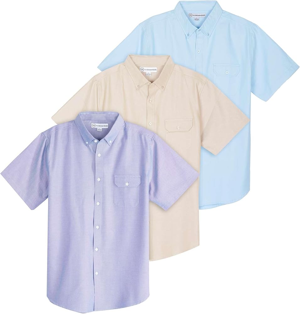 Real Essentials 3 Pack Men's Short-Sleeve Oxford Solid Button Down Collar Casual Shirts with Pocket (Available in Big & Tall)