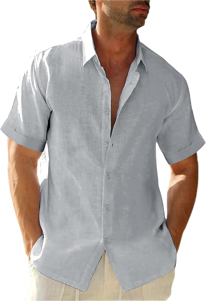 Men's Casual Linen Button Down Short Sleeve Shirt Button Up Summer Beach Cotton Speard Collar Tops