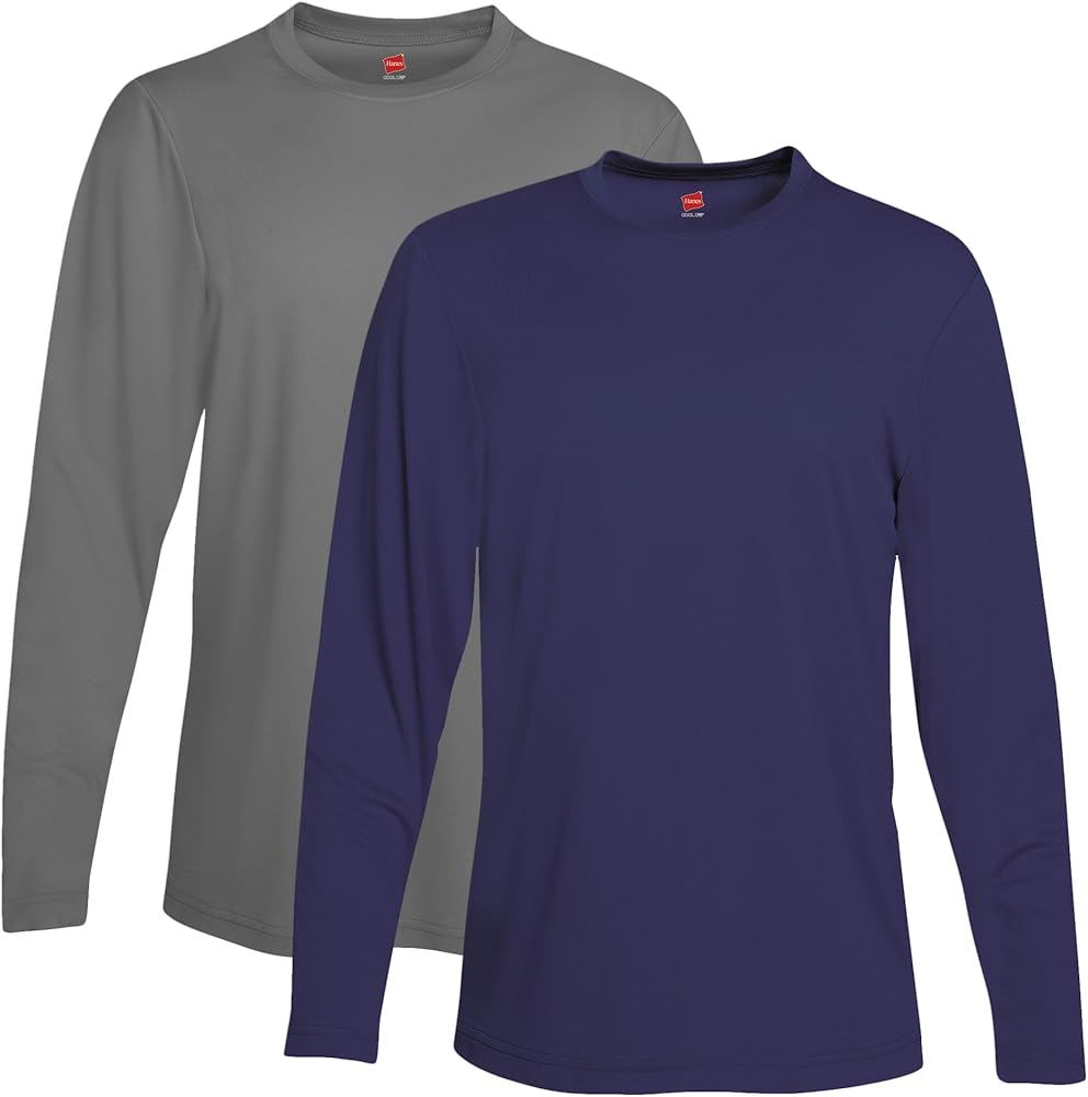 Hanes Men's Long Sleeve Cool Dri T-Shirt UPF 50+, X-Large, 2 Pack ,1 Graphite / 1 Navy