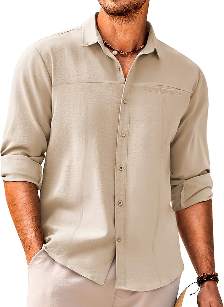 COOFANDY Men's Linen Shirts Casual Button Down Long Sleeve Beach Shirt with Pocket