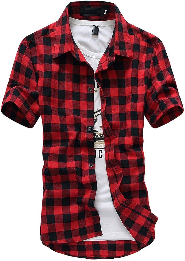 Mens Short Sleeve Flannel Camp Shirts Causal Button Down Plaid Designer Shirts 4th of July Camisas de Hombre