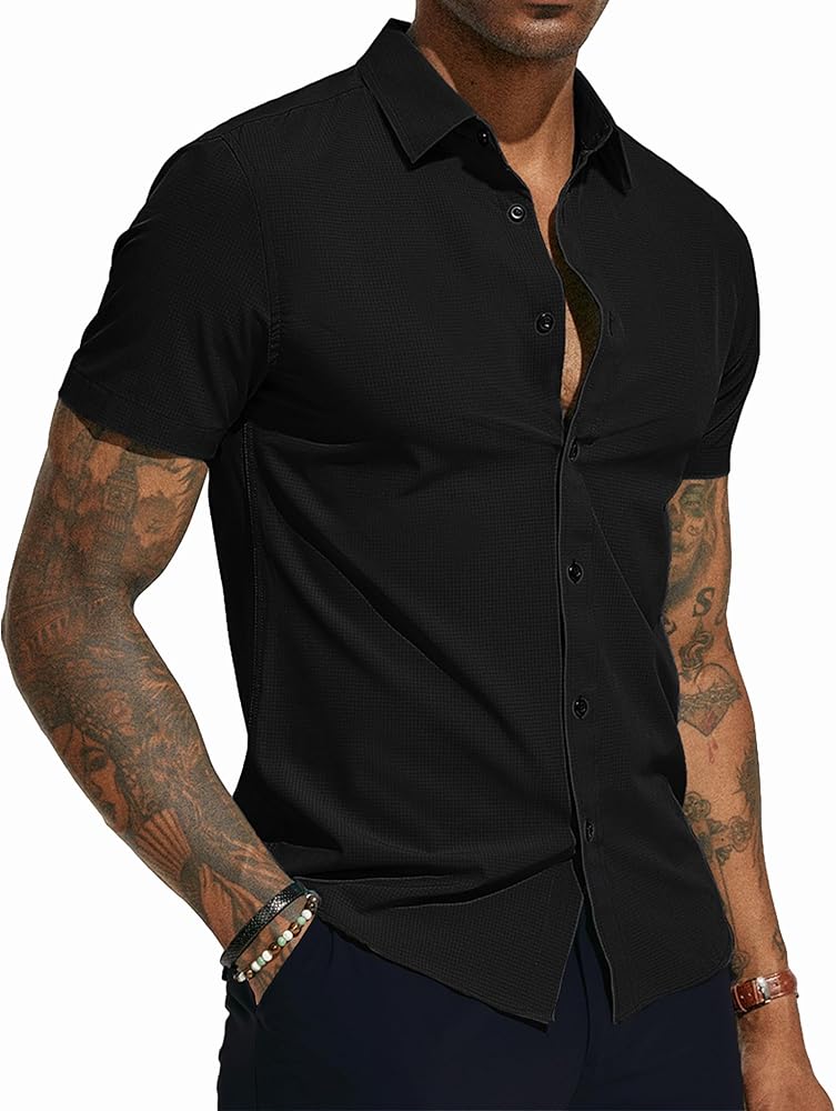 PJ PAUL JONES Mens Short Sleeve Button Down Shirts Wrinkle Free Stretch Dress Shirts for Men Casual Formal Shirt