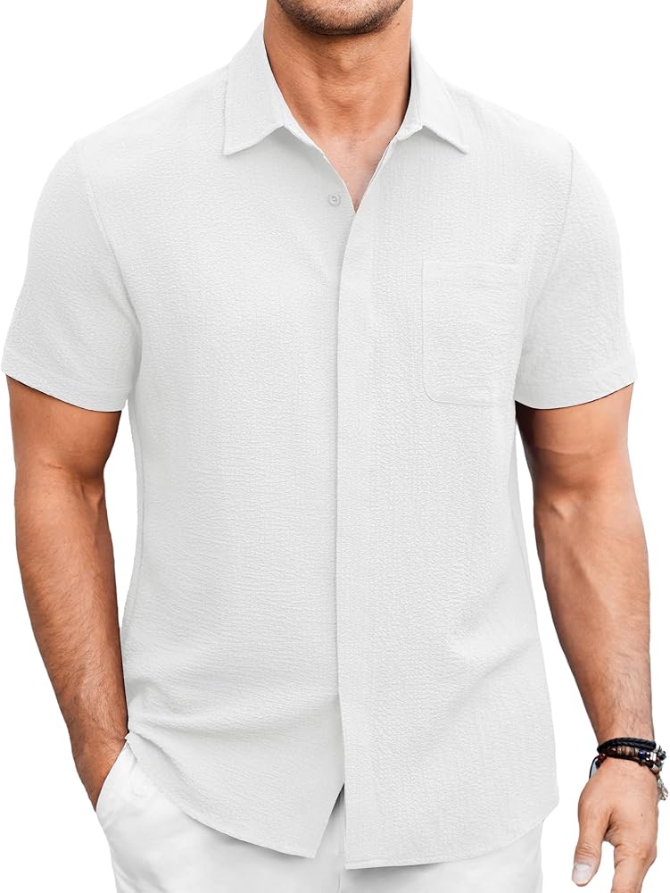 COOFANDY Men's Casual Shirt Short Sleeve Button Down Summer Beach Textured Shirt