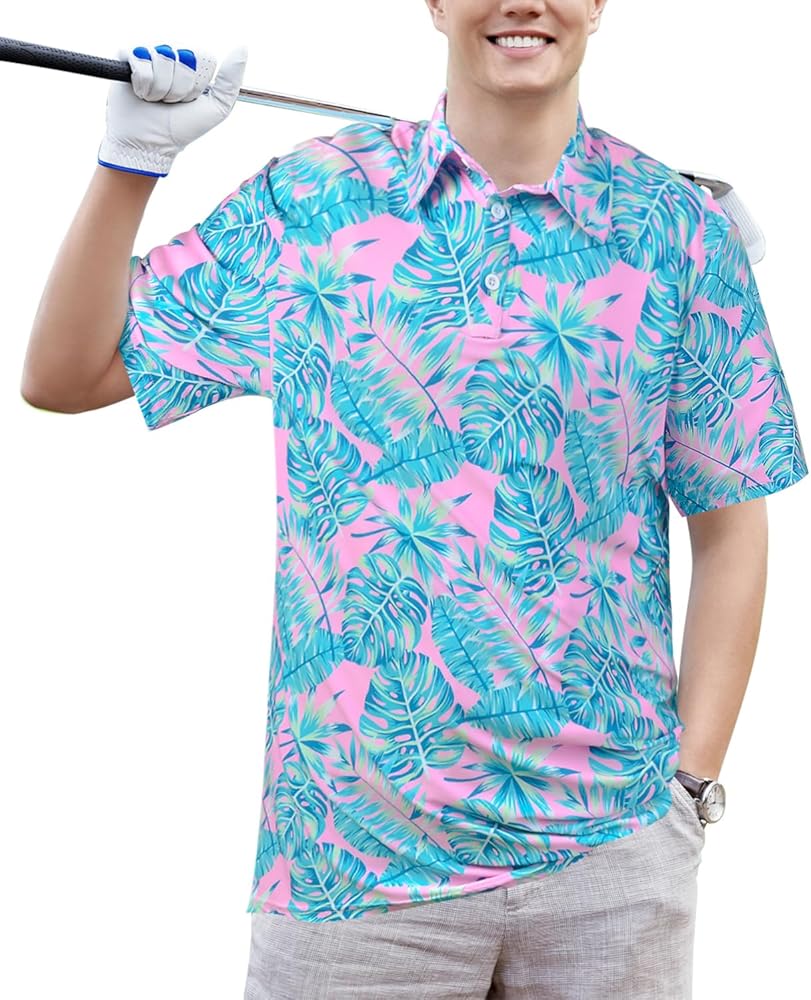 Golf Shirt for Men Fit Performance Short Sleeve Print Quick-Dry Moisture Wicking Collared Polo Shirt