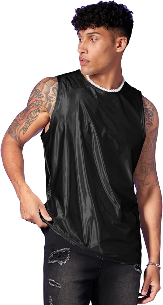 WDIRARA Men's Metallic Tank Top T Shirt Sleeveless Round Neck Club Party Top