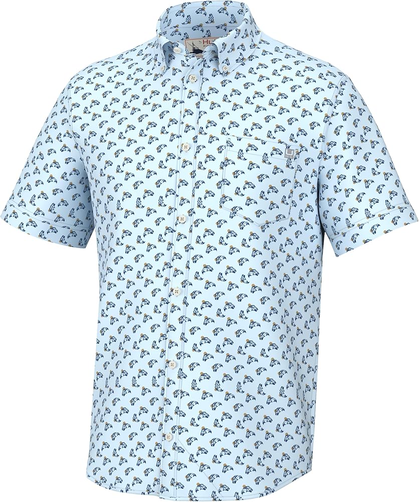 HUK mens Kona Pattern Short Sleeve Fishing for Men Button Down Shirt, Polka Fish - Crystal Blue, Medium US