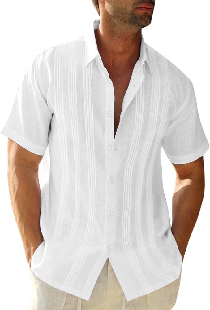 Men's Short Sleeve Cotton Linen Shirt Casual Summer Beach Button Down Shirts Button Up Pleats Guayabera Shirts