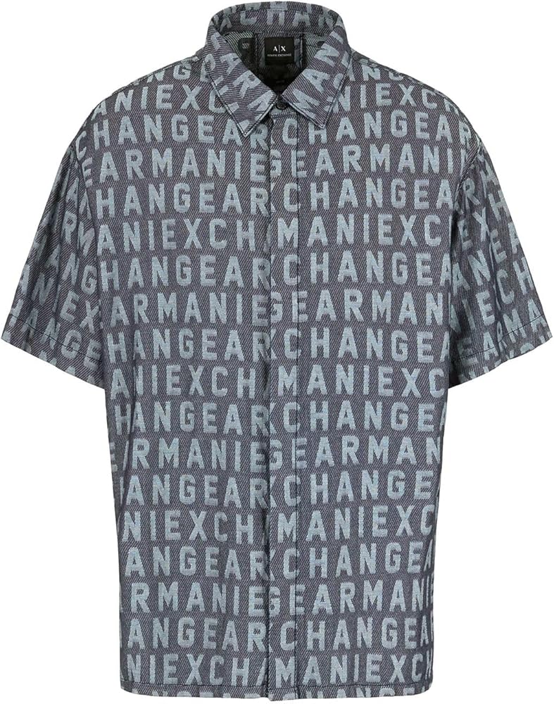 A | X ARMANI EXCHANGE Men's Short Sleeve All-Over Logo Denim Jacquard Button Down Shirt. Regular Fit