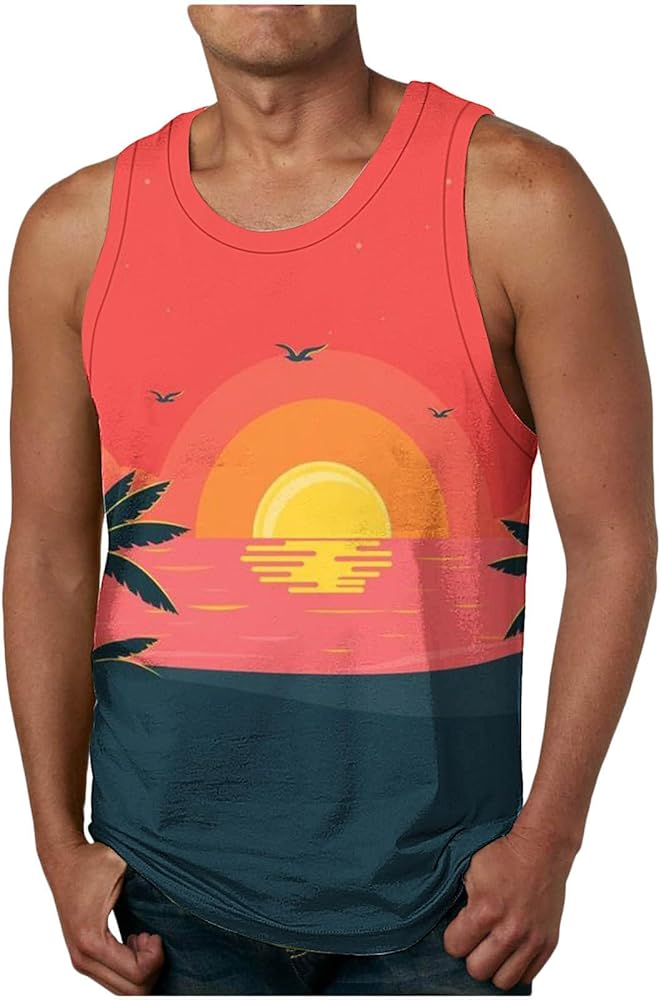 Muscularfit Big and Tall Graphic Tank Tops for Men Sleeveless Sunset Coconut Print Graphic Tee Shirts Casual Loose Pullover