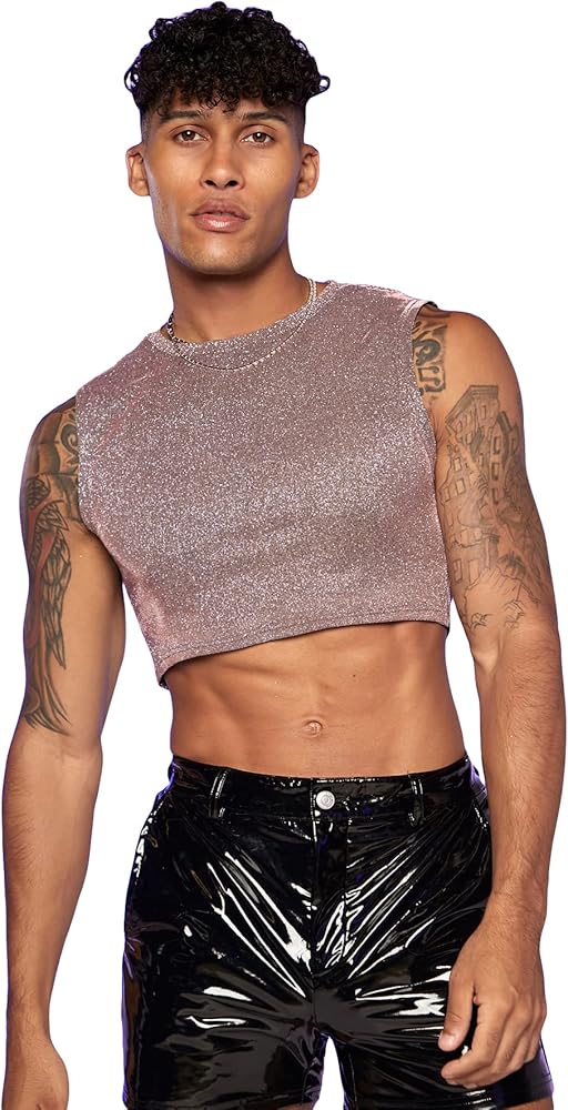 WDIRARA Men's Glitter Round Neck Sleeveless Party Club Crop Tank Top T Shirt