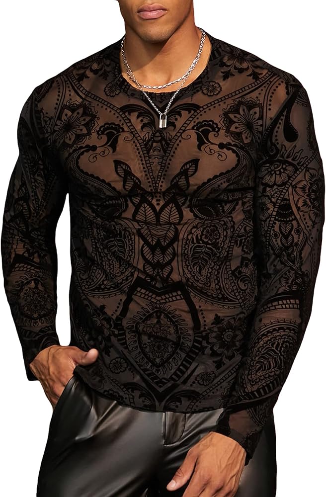 WDIRARA Men's Graphic See Through Mesh Crewneck Plant Print Long Sleeve Tee Shirt Top