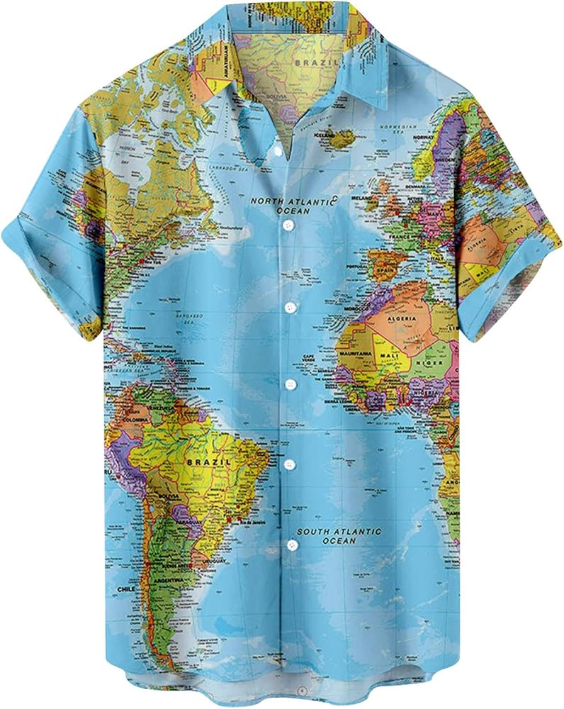 Hawaiian Shirt for Men Funky Casual Button Down Short Sleeve Unisex Beach Shirts Fashion World Map Print Summer Tops