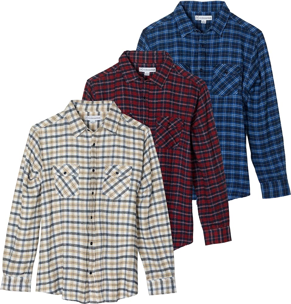 Real Essentials 3 Pack: Men's Long-Sleeve Flannel Button Down Plaid Casual Shirt (Available in Big & Tall)