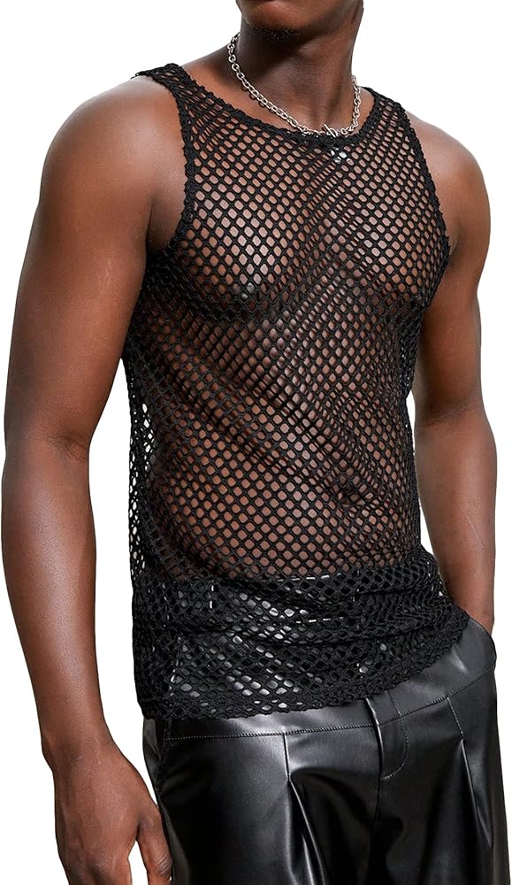 Milumia Men's Sheer Mesh Crewneck Tank Top Sleeveless Tee Shirt Muscle Shirts Clubwear