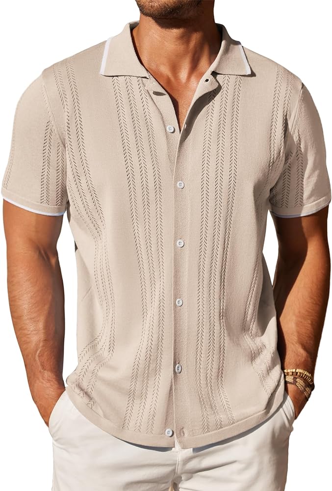 COOFANDY Men's Knit Button Down Shirt Vintage Short Sleeve Polo Shirts Casual Beach Tops