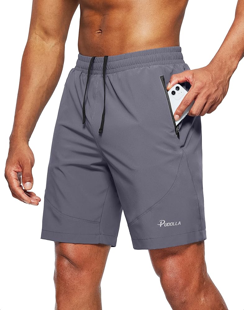 Pudolla Men's Workout Running Shorts Lightweight Gym Athletic Shorts for Men with Zipper Pockets