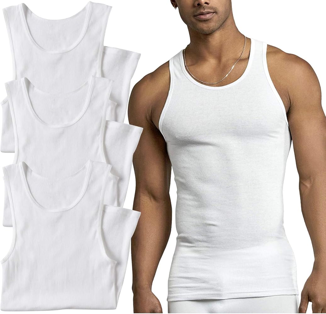 ToBeInStyle Men's Pack 100% Preshrunk Cotton Sleeveless Lightweight White Under Tanks