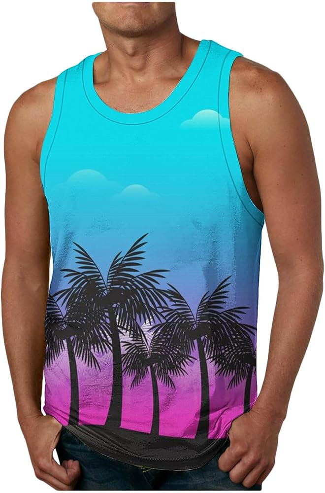 Muscularfit Men Tank Tops Graphic Palm Tree Print Crewenck Sleeveless Basic Tank Shirt Hawaiian Summer Beach Loose Pullover