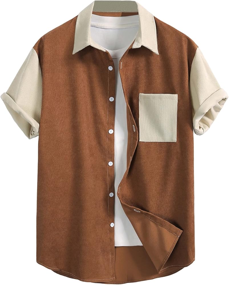 SOLY HUX Men's Short Sleeve Button Down Shirts Casual Dress Going Out Camp Tops Corduroy Brown M