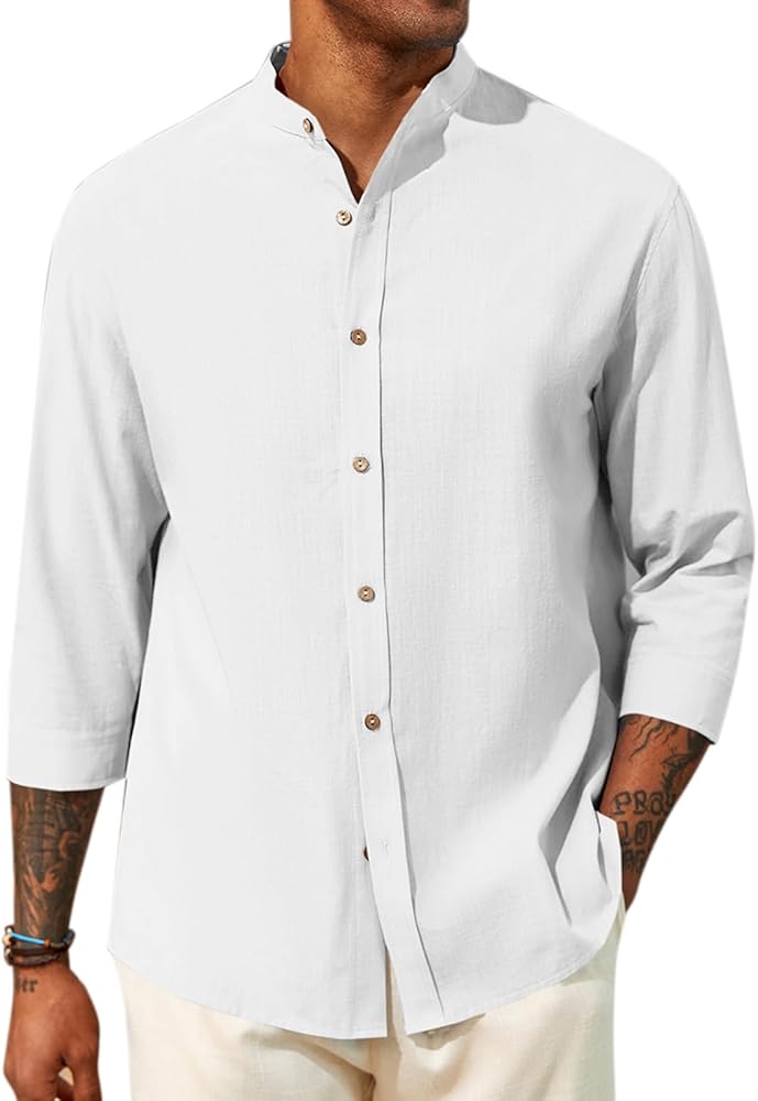 Runcati Mens Casual Linen Shirts 3/4 Sleeve Button Down Banded Collar Summer Beach Shirt