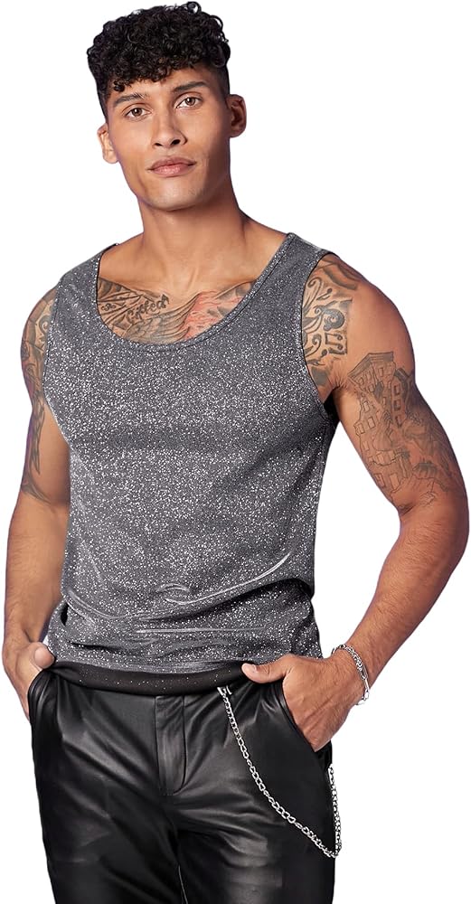 OYOANGLE Men's Party Solid Glitter Scoop Neck Sleeveless Regular Fit Tank Top Tee Shirt