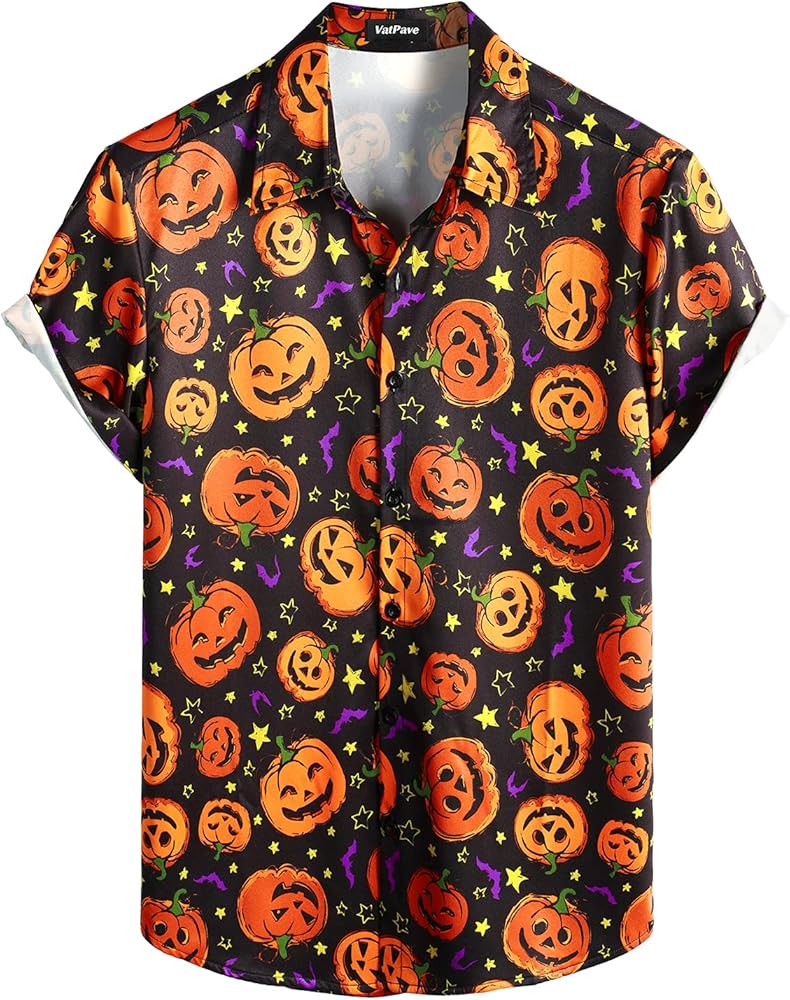 VATPAVE Mens Halloween Pumpkins Button Down Short Sleeve Shirts Casual Skull Shirt