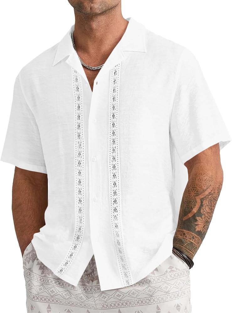 Runcati Mens Linen Cuban Guayabera Shirt Short Sleeve Button Down Casual Lightweight Mexican Summer Beach Tops