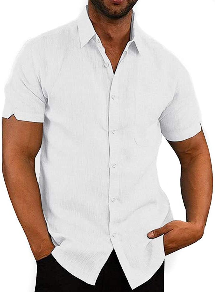 Button Down Short Sleeve Linen Shirts for Men Summer Casual Cotton Spread Collar Beach Shirts