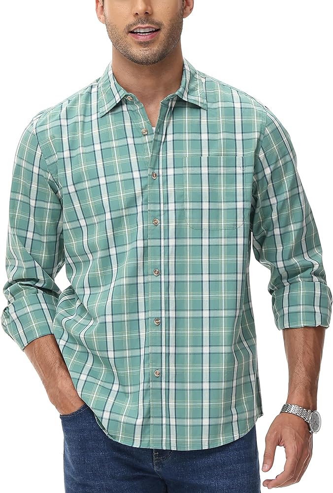 MCEDAR Regular Fit Casual Plaid Shirt for Men Cotton Long Sleeve Button Down Checked Shirts with Pocket