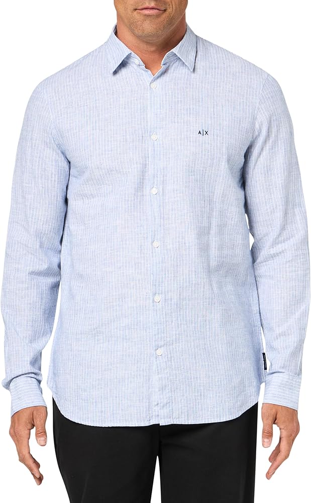 A | X ARMANI EXCHANGE Men's Long Sleeve Cotton and Linen Blend Button Down Shirt. Regular Fit