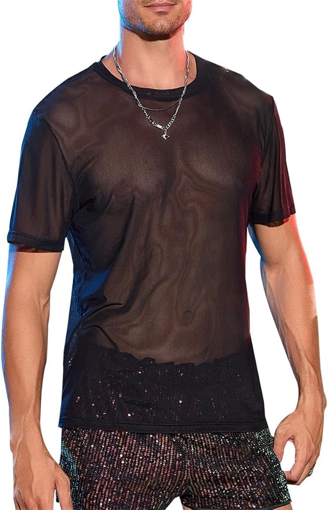 WDIRARA Men's Metallic T Shirt Holographic Round Neck Short Sleeve Shiny Tee Tops