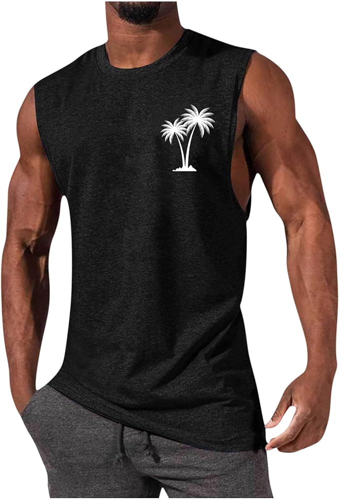 Beach Shirts for Men Summer Hawaiian Coco Palm Print Tank Tops Lightweight Breathable Sleeveless Muscle Shirts