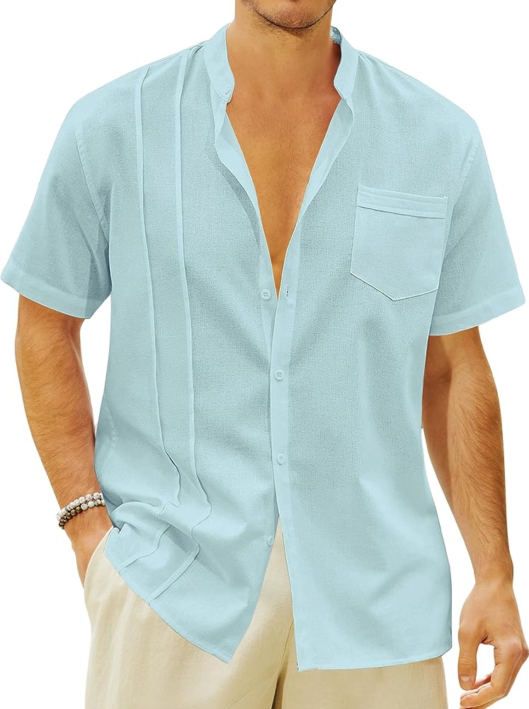 Men's Cuban Guayabera Shirts Cotton Linen Button Down Short Sleeve Shirts Casual Summer Beach Shirt