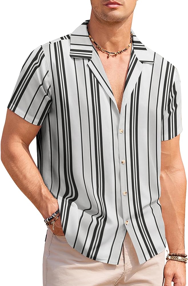 COOFANDY Mens Hawaiian Shirts Short Sleeve Striped Shirt Button Down Summer Beach Shirts