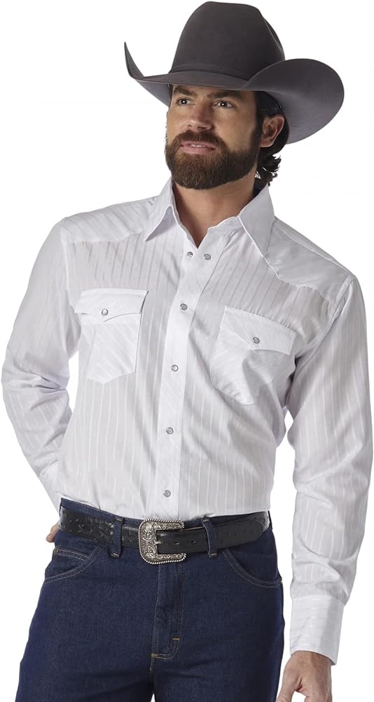 Wrangler mens Sport Western Two Pocket Long Sleeve Snap button down shirts, White, Large Tall US