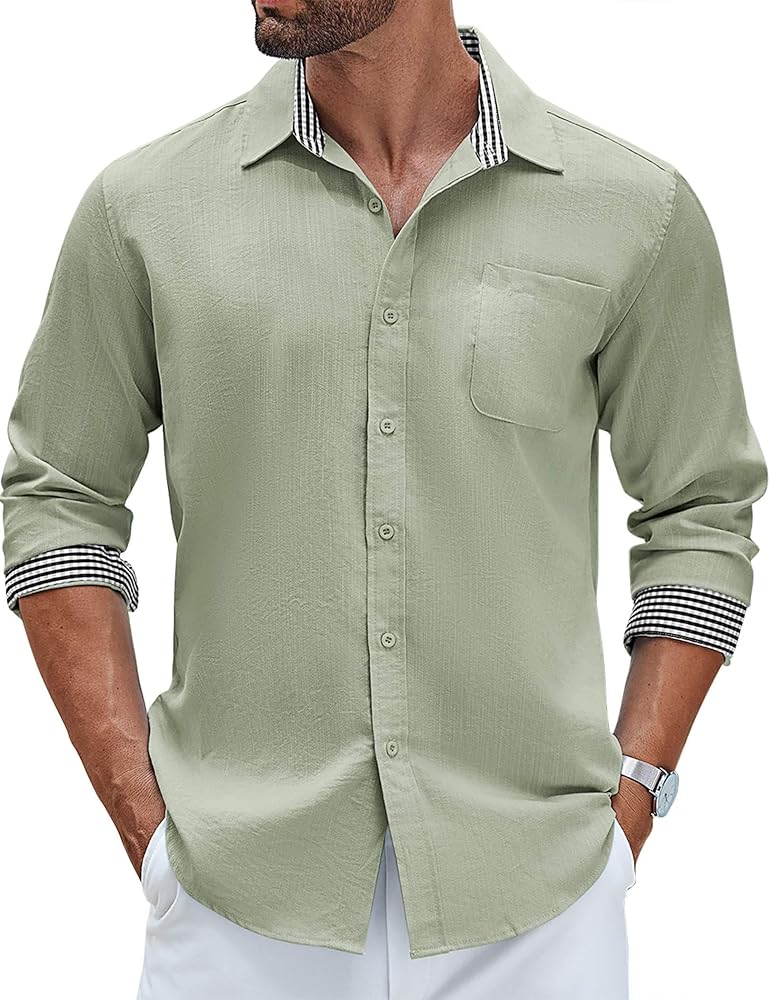 COOFANDY Men's Linen Button Down Shirt Long Sleeve Casual Beach Shirts with Pocket