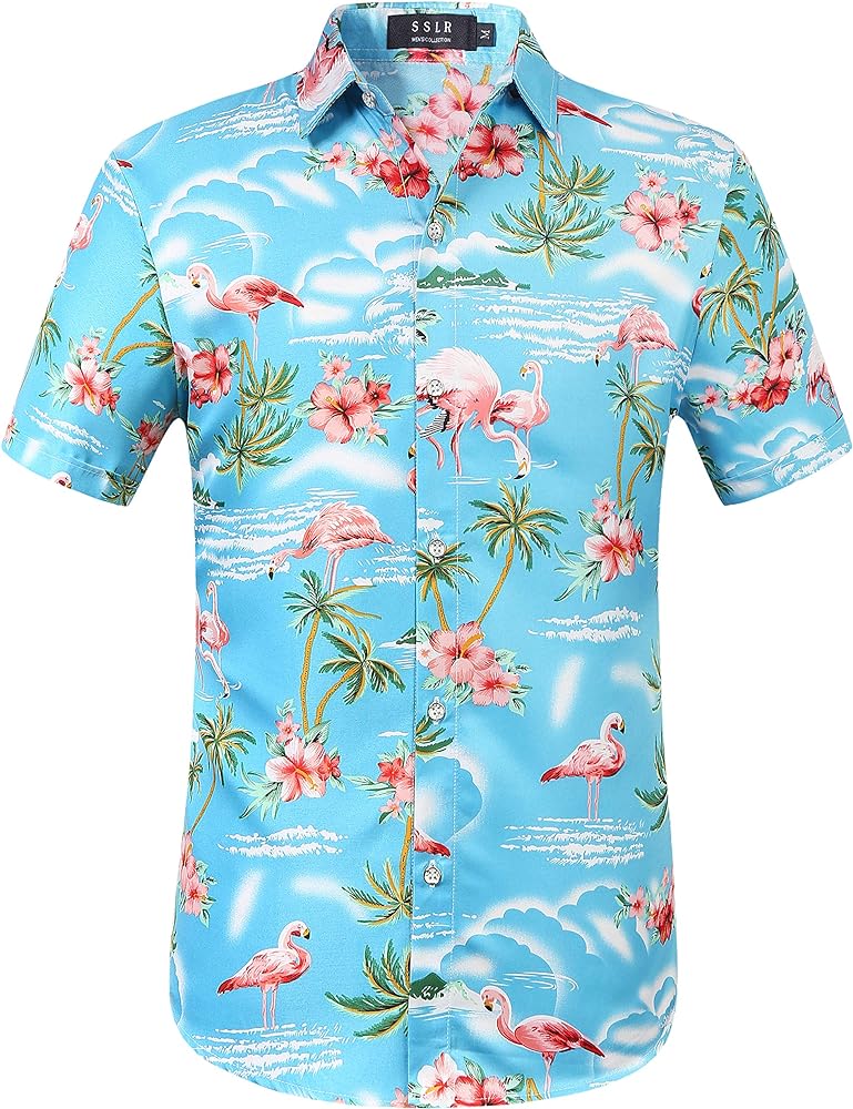 SSLR Pack Hawaiian Shirt for Men Flamingo Short Sleeve Casual Button Down Shirts Summer Beach Shirt