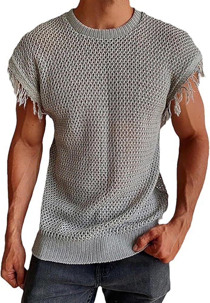 Men's Crochet Mesh Shirt Summer Casual Stylish Sleeveless T-Shirt See Through Tank Top Ripped Designer Shirts