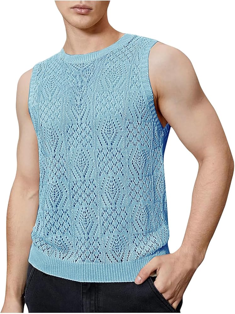 Fashion Lace Crochet Tank Tops for Men Round Neck Knit Sleeveless T-Shirts Slim Fitted See Thru Muscle Tops