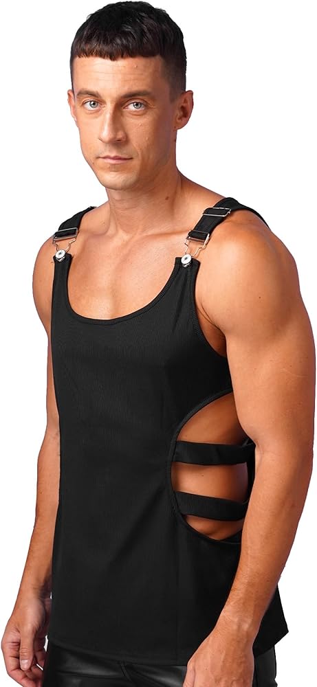 Men's Hollow Out Side Tank Top Compression Athletic Muscle T-Shirt Rave Vest Clubwear