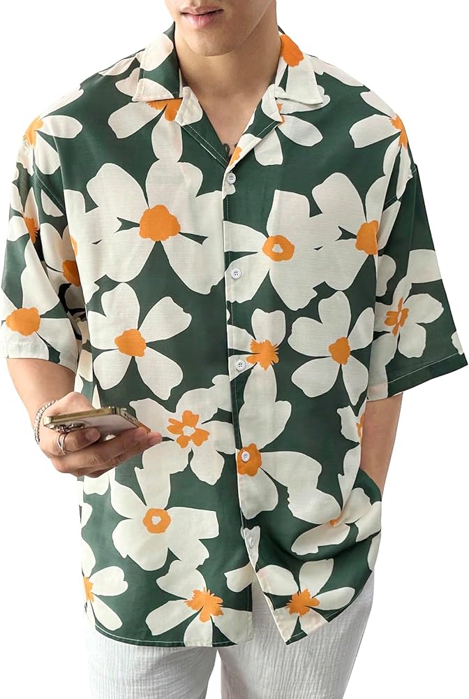 Verdusa Men's Floral Print Oversized Tops Collar Button Front Casual Shirt Top