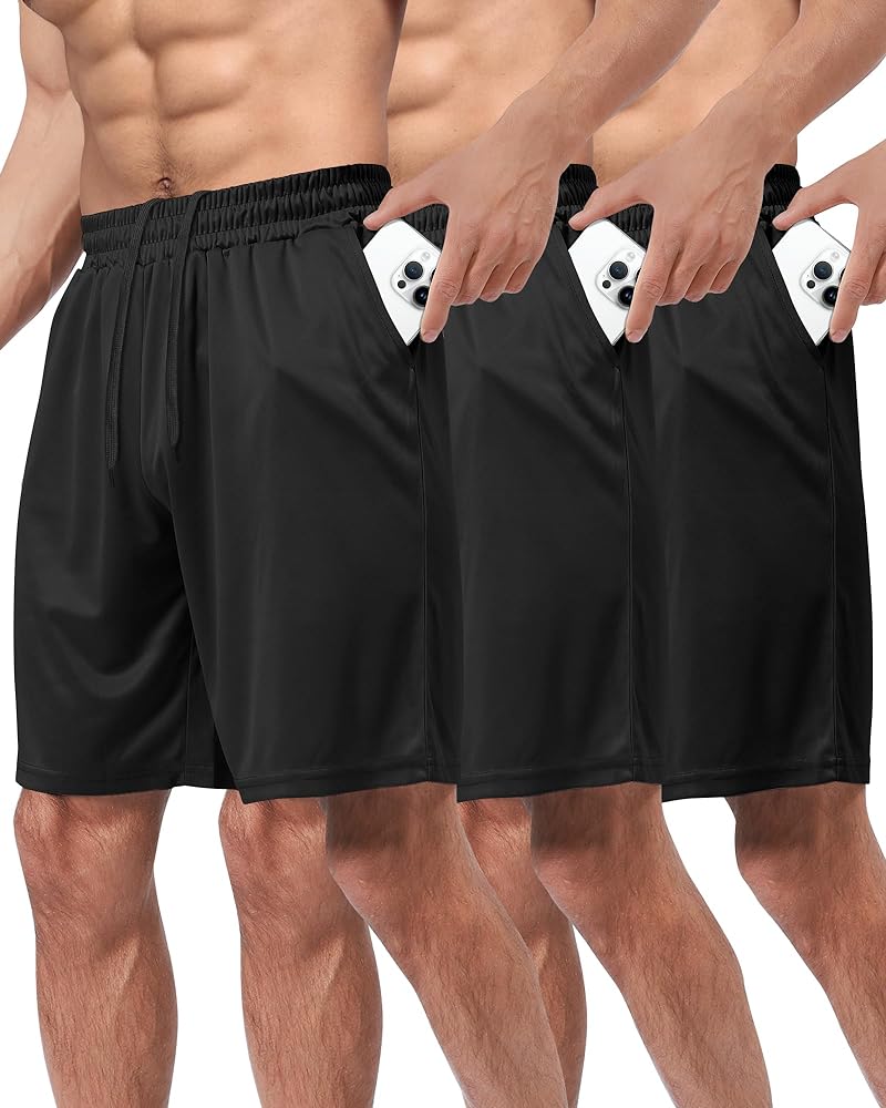 3 Pack Gym Basketball Mens Shorts - Quick Dry Black Workout Athletic Shorts with Pockets for Casual Running