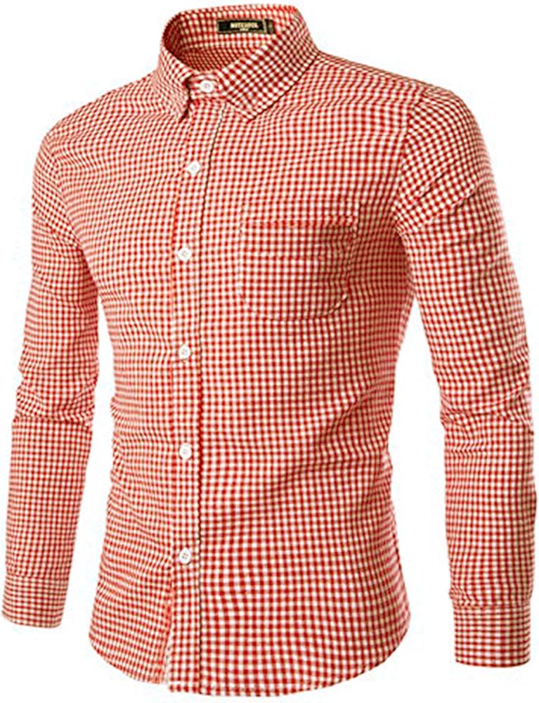 Men Plaid Cotton Casual Slim Fit Long Sleeve Button Down Dress Shirts