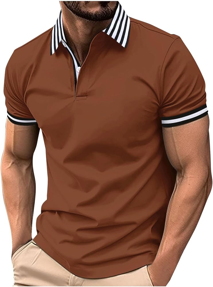 Men's Lapel Button Henely Shirts Summer Casual Polo Shirts Striped Loose Golf Polo Collared Polos Pullover Tee