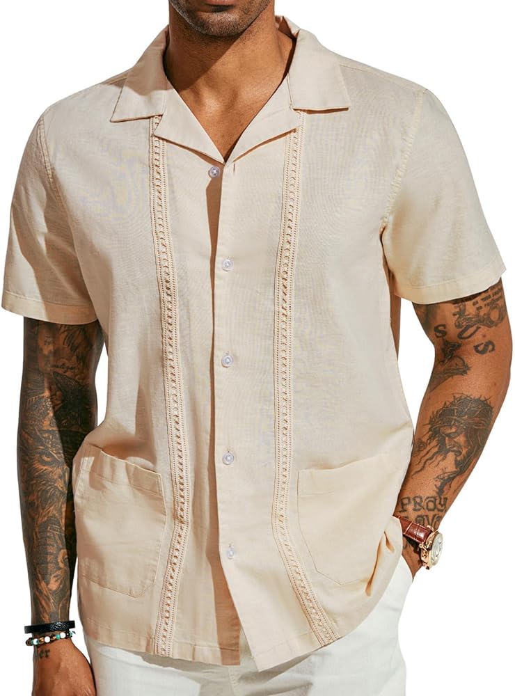 PJ PAUL JONES Mens Casual Button Down Shirts Linen Cuban Guayabera Beach Shirt