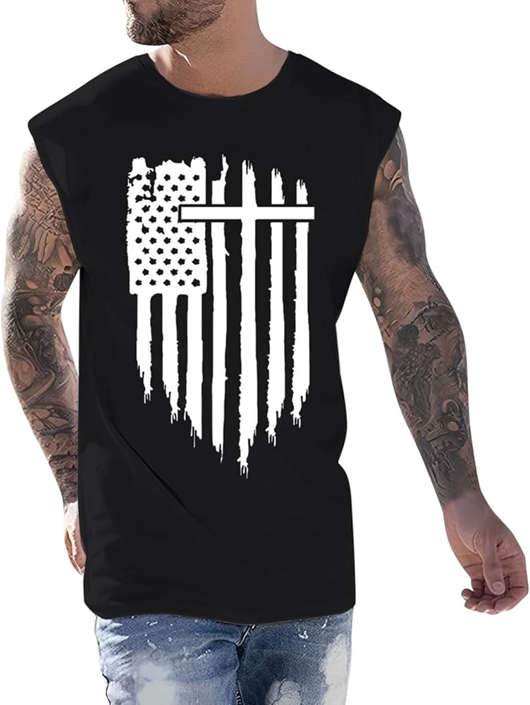 Indepedence Day Tank Tops for Men Jesus Cross American Flag Splicing Sleeveless T-Shirts Fashion Muscle Fit Cut Off Tanks Tee